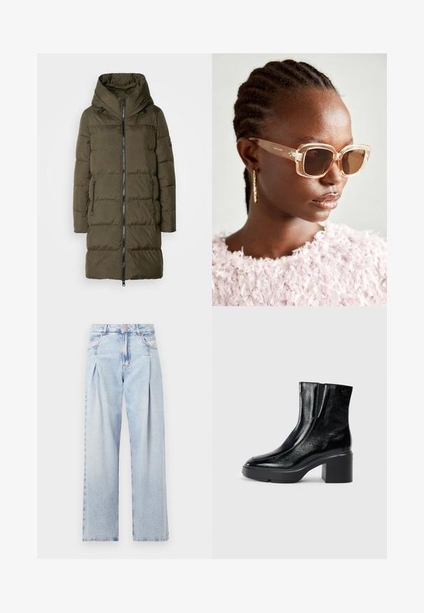 Olivenfarget polstret jakke med høy krage, glidelås foran og to sidelommer. Har quilted detaljer og justerbare snorer på hetta.; Hvit T-skjorte med kort erm laget av myk bomull. Har rund hals og avslappet passform. Rent design uten synlige mønstre eller aksenter.; Lyseblå denimjeans med høy livlinje, vide ben, to sidelommer og plisserte detaljer. Myk tekstur med en falmet finish.; Sorte lakkskinn ankelstøvler med buet tå, elastiske sidestykker og en chunky klossheel. Har preget logo på baksiden.; Beige oversized solbriller med klar ramme og brune tonede linser, med subtile blomsterdetaljer og dristig, geometrisk design.