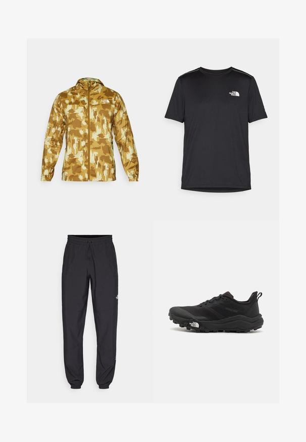The North Face MOUNTAIN ATHLETICS - Vindjakke - amber green; Svart kortermet T-skjorte laget av lett materiale. Har en liten hvit logo på venstre bryst og subtile skulderdetaljer.; Sorte idrettsbukser laget av lett stoff, med snor i livet, sidelommer og smale mansjetter ved anklene.; Svart terrengløpesko med teksturert overdel, gummisåle og forsterket tåhette. Har polstret krage og løftestropp for enkel påkledning.