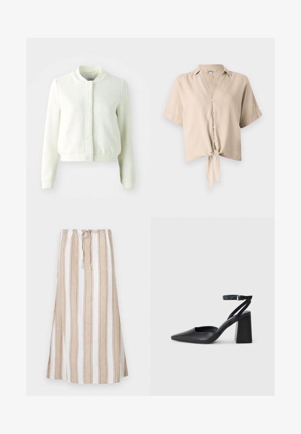 Balts īsais bomber žakets ar teksturētu audumu, ribotām piedurknēm un jostas daļu, kā arī stāvošu apkakli. Nav redzamu aizdares.; Bežs īsās piedurknes krekls ar vertikālu apkakli, pogu aizdari un saistītu mezglu frontē. Izgatavots no viegla auduma.; Svītrainā svārki baltā un gaiši brūnā krāsā, ar aukliņu jostu un garu, plūstošu dizainu. Izgatavoti no viegla auduma ar brīvu piegriezumu.; Melna ādas augstpapēžu kurpe ar norakstīto purngala formu, potītes siksniņu un masīlu papēdi. Gluda tekstūra, elegants dizains un minimālisma estētika.