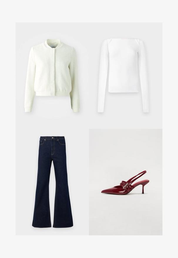 White cropped bomber jacket with textured fabric, ribbed cuffs and waistband, and a stand-up collar. No visible fastenings.; White long-sleeve top with a square neckline, made of smooth fabric, featuring a fitted design and seamless shoulder accents.; Dark blue flared denim jeans featuring a high waist, front pockets, and golden stitching accents. Smooth texture with a traditional cut.; Red patent leather slingback heels with a pointed toe, two buckle straps, and a slim, mid-height stiletto heel. Smooth texture.