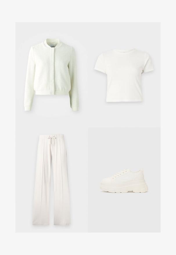 Veste bomber blanche raccourcie en tissu texturé, avec des poignets et une taille côtelés, et un col montant. Pas de fermetures visibles.; T-shirt blanc court en coton avec des manches courtes, un col rond et un ourlet droit, présentant une texture lisse et un design minimal.; Pantalons de jogging beige clair en tissu doux, dotés d'une taille à cordon, de jambes larges et de coutures verticales, avec une texture lisse.; Baskets blanches en toile avec une semelle épaisse, bout arrondi et cinq œillets pour les lacets. Onglet arrière pour un enfilage facile. Texture lisse, design minimaliste.