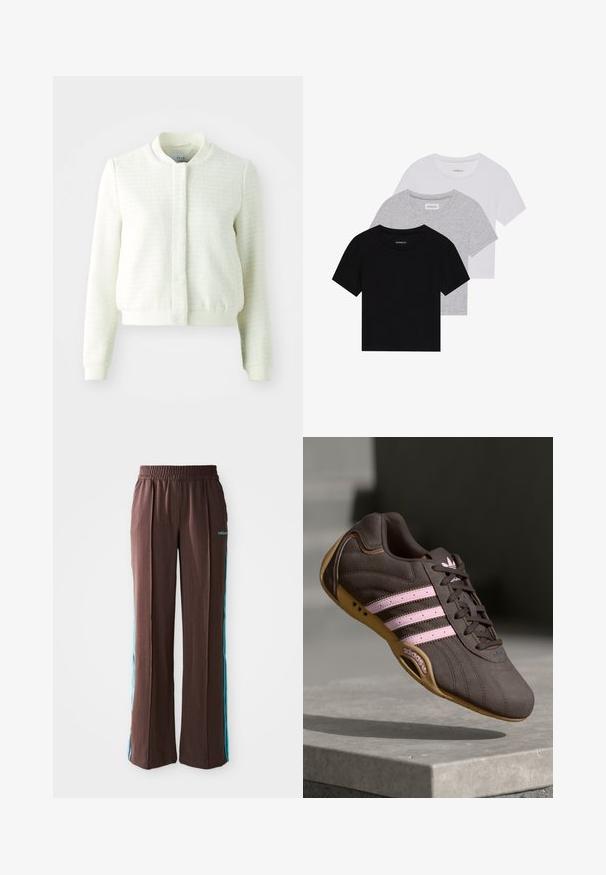 White cropped bomber jacket with textured fabric, ribbed cuffs and waistband, and a stand-up collar. No visible fastenings.; Set of three short-sleeve t-shirts in black, gray, and white. Made from cotton, featuring a crew neck and a simple, solid color design.; Brown athletic pants with a ribbed texture, elastic waistband, and turquoise side stripes. Features the adidas logo on the front.; Brown suede athletic shoe with pink stripes and logo, featuring a textured upper, lace closure, and a gum rubber sole.