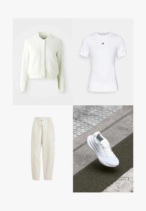 Bijela krođena bomberska jakna od teksturiranog materijala, s rebrastim manžetama i strukom te stajaćim ovratnikom. Bez vidljivih kopčanja.; Bjela atletska majica s kratkim rukavima, izrađena od glatkog, rastezljivog materijala. Na prsima se nalazi mali crni Adidas logo.; Svijetlosmeđi trenirke od mekog materijala, s elastičnim pojasom i vezicom, te diskretnim logom sa strane.; Bijela atletska cipela s mrežastim gornjim dijelom, vezanjem i teksturiranom potplatom. Neprimjetni brend i detalji bešavne izrade su vidljivi.