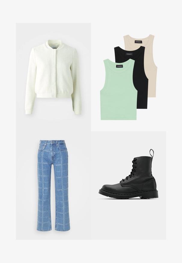 Balta trumpa bomberio striukė su tekstūruotu audiniu, raukšlėmis ant rankovių ir juosmens, bei iškeltu apykakle. Be matomų užsegimų.; Trys tankų marškinėliai mėtų žalsvos, juodos ir smėlio spalvos; pagaminti iš raiboto audinio, su apvaliu iškirpimu ir be rankovių. Matoma prekės ženklo etiketė.; Šviesiai mėlyni džinsai su tiesiomis kojomis, puošti sidabriniais akutėmis, sudarančiomis tinklelį, ir klasikinio penkių kišenių dizainu.; Juodas odinis kovinis botas su apvalioms pirštams, šnerviniu priekiniu užsegimu ir užtraukiamu užtrauktuku prie kulkšnies. Ypatybė - storas guminis padas, užtikrinantis ilgaamžiškumą.