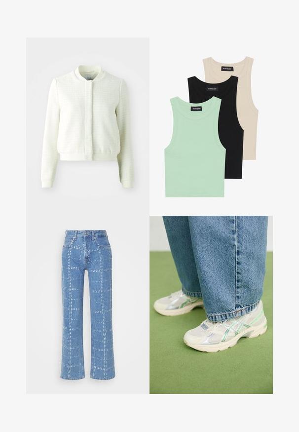 Bela skrajno kratka bomber jakna z teksturirano tkanino, rebrastimi manšetami in pasom ter z navpičnim ovratnikom. Brez vidnih zakov.; Tri tanke s kratkimi rokavi v mint zeleni, črni in bež barvi; narejene iz rebrastih tkanin z okroglim izrezom in brez rokavov. Vidna oznaka blagovne znamke.; Svjetloplavi traperice ravnog kroja, sa rešetkastim uzorkom srebrnih zakovica i klasičnim dizajnom s pet džepova.; Beli in srebrni mrežasti superge z zelenimi poudarki, oblečeni z ohlapnimi modrimi džinsom, ki stojijo na zeleni preprogi.
