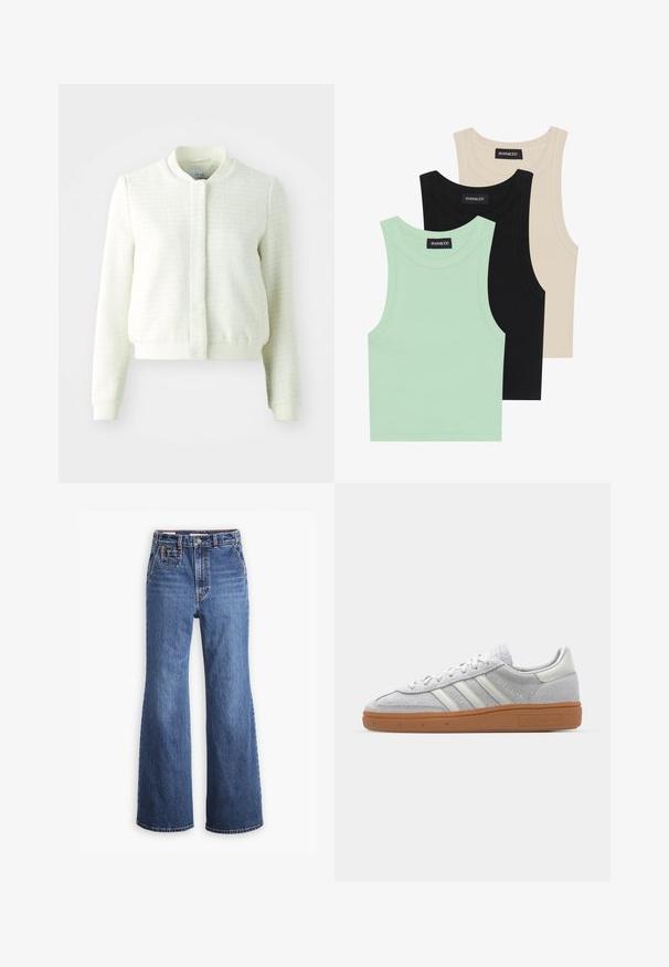 Balts īsais bomber žakets ar teksturētu audumu, ribotām piedurknēm un jostas daļu, kā arī stāvošu apkakli. Nav redzamu aizdares.; Trīs bezpiedurkņu topi mint zaļā, melnā un bēšā krāsā; izgatavoti no ribotas auduma ar apaļu dekoltē. Redzama zīmola etiķete.; Augstas jostas blue denim bikses ar platu kāju dizainu, ar priekšējo kabatu, misiņa pogu aizdari un kontrastējošu šuvju.; Gai pelēki zamšīgās kedas ar baltām ādas detaļām, trim baltām līnijām un brūnu gumijas zoli, ar mīkstinātu apkakli komforta nodrošināšanai.