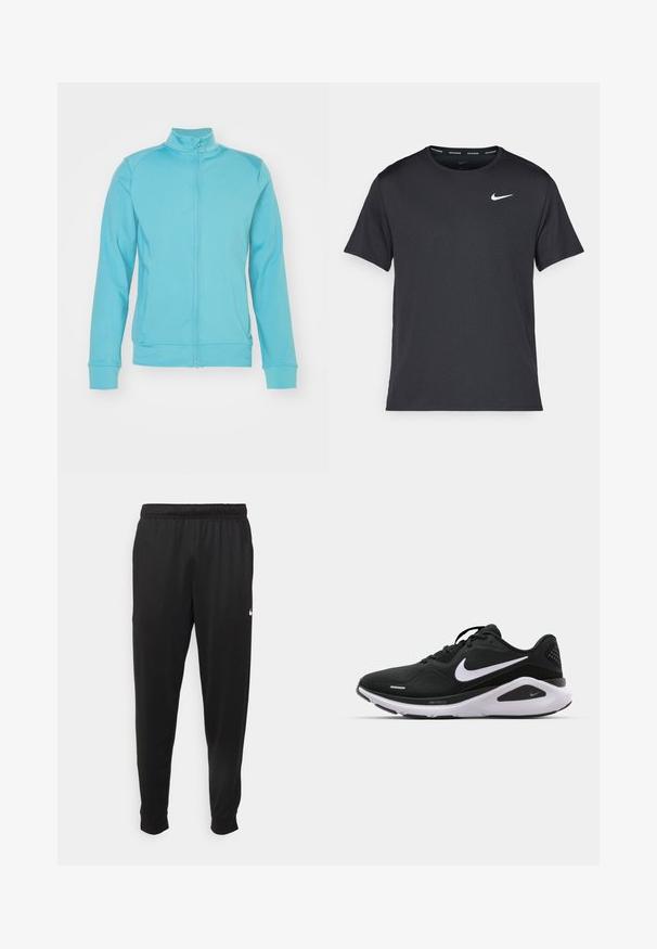 Casaco azul claro com fecho éclair, colarinho alto, mangas longas, punhos e barra canelados; feito de um tecido suave e elástico; costuras mínimas.; T-shirt de corrida Nike preto, feito de material leve e respirável, com mangas curtas e um pequeno logo branco no peito.; Calças de desporto pretas feitas de tecido suave, com uma cintura elástica, pernas ajustadas e um pequeno logo branco no lado esquerdo.; Sapatilha de corrida Nike com parte superior em malha preta, detalhes brancos, sola almofadada e um design aerodinâmico para conforto e apoio.