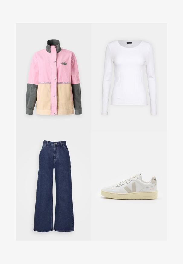 Corduroy jacket featuring pink, beige, and gray panels, with a high collar and logo patch. Front snap closure and decorative stitching.; White ribbed long-sleeve top with a round neckline. Made from a stretchy fabric that hugs the body. Features subtle horizontal lines.; Wide-leg denim jeans in dark blue, featuring a high waist, front pockets, and a zipper fly with a metal button. Smooth texture and classic design.; White leather sneaker with beige suede accents, perforated toe box, flat laces, and a textured cream sole. Features subtle branding on heel.