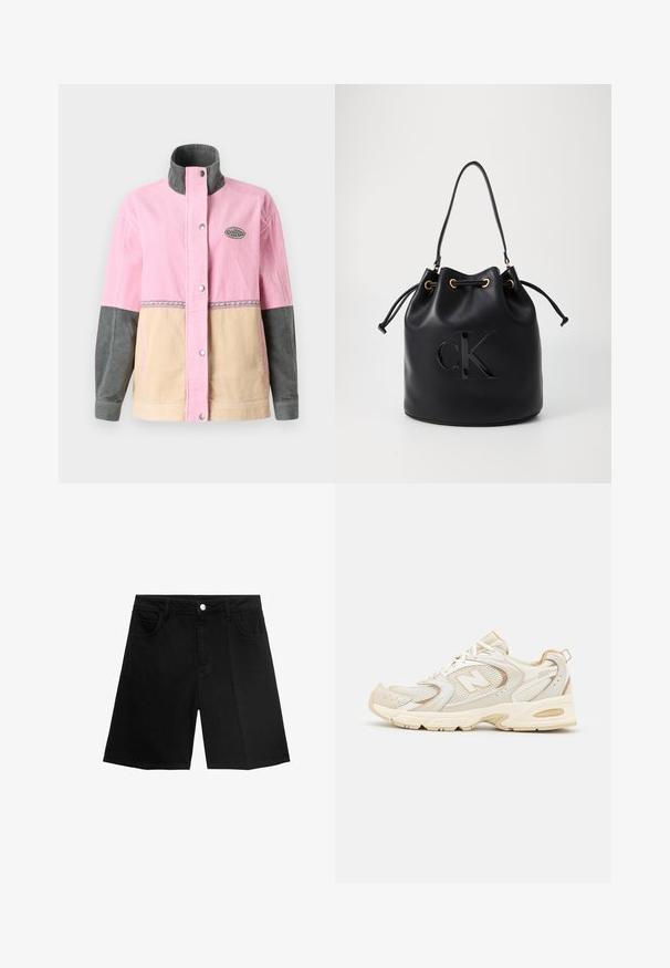 Corduroyjakke med paneler i pink, beige og grå, højt krave og logo-patch. Frontlukning med trykknapper og dekorativ syning.; Hvid cropped t-shirt lavet af ribbet stof. Har en rund halsudskæring og korte ærmer. Sort broderet "cK" logo på brystet.; Sorte denim shorts med lige snit, fem lommer og sølvfarvet knaplukning. Glat tekstur med minimal syning.; Beige atletik sko med mesh og syntetiske overlejringer, med en tekstureret overflade, polstret krave og "ABZORB" dæmpning ved hælen.; Sort læder bucket bag med snørelukning, der har et glosseret "CK" logo foran og hardware accenter i guld-tone.