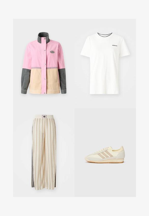 Kordna jakna z rozpinkami v roza, bež in sivi barvi, z visokim ovratnikom in logotipno nalepko. Sprednji zapenjalni gumb in dekorativno šivanje.; Bela bomba majica iz bombaža s kratkimi rokavi in okroglim izrezom. Ima črni Adidas logotip na prsih ter kontrastni črni notranji ovratnik.; Hlače širokega kroja kremne barve z zigzag vzorcem, opremljene z črnim logotipom na pasu in stranskimi črnimi črtami. Lahka, teksturirana tkanina.; Kremna atletska teniska obutev z tremi bež črtami, usnjatom in tekstilnim materialom, teksturiranim podplatom ter embosiranim logotipom na peti.