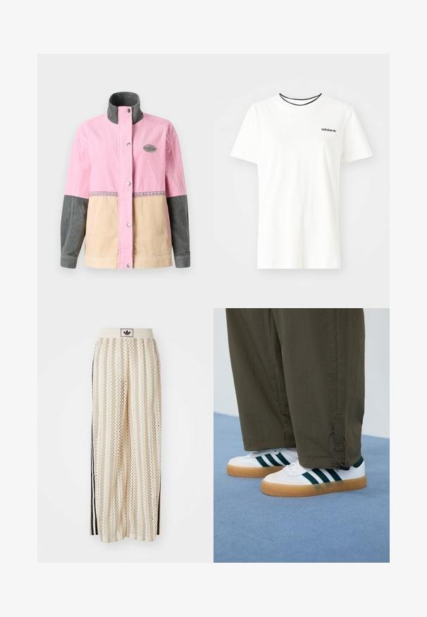 Corduroy jacket featuring pink, beige, and gray panels, with a high collar and logo patch. Front snap closure and decorative stitching.; White cotton t-shirt with short sleeves and a round neckline. Features a black Adidas logo on the chest and a contrasting black inner collar.; Cream-colored wide-leg pants with a zigzag pattern, featuring a black logo waistband and side black stripes. Lightweight, textured fabric.; White sneakers with green stripes, gum rubber soles, paired with olive green, tapered pants featuring ankle toggles.
