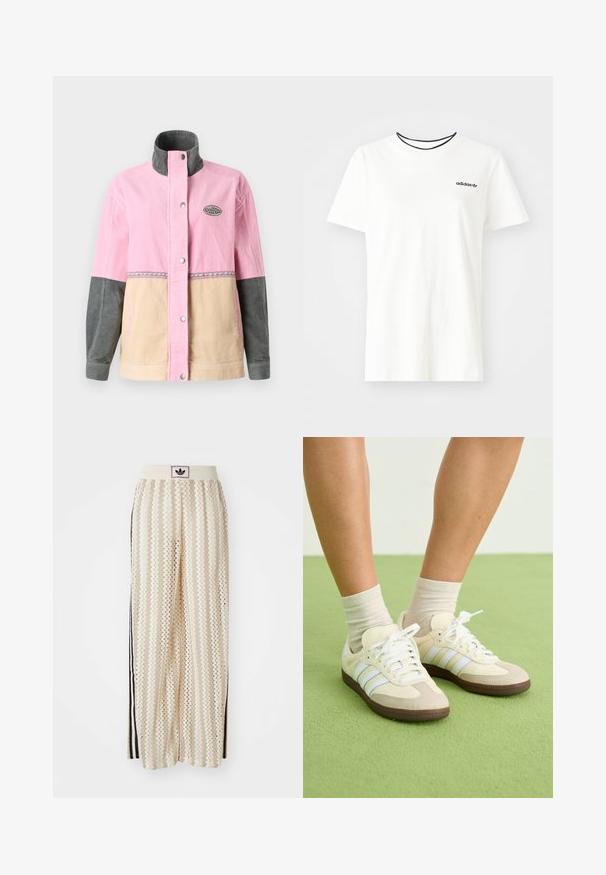 Corduroy jacket featuring pink, beige, and gray panels, with a high collar and logo patch. Front snap closure and decorative stitching.; White cotton t-shirt with short sleeves and a round neckline. Features a black Adidas logo on the chest and a contrasting black inner collar.; Cream-colored wide-leg pants with a zigzag pattern, featuring a black logo waistband and side black stripes. Lightweight, textured fabric.; Samba sneakers with a cream and beige color scheme, featuring three light blue stripes, white laces, and brown rubber soles.