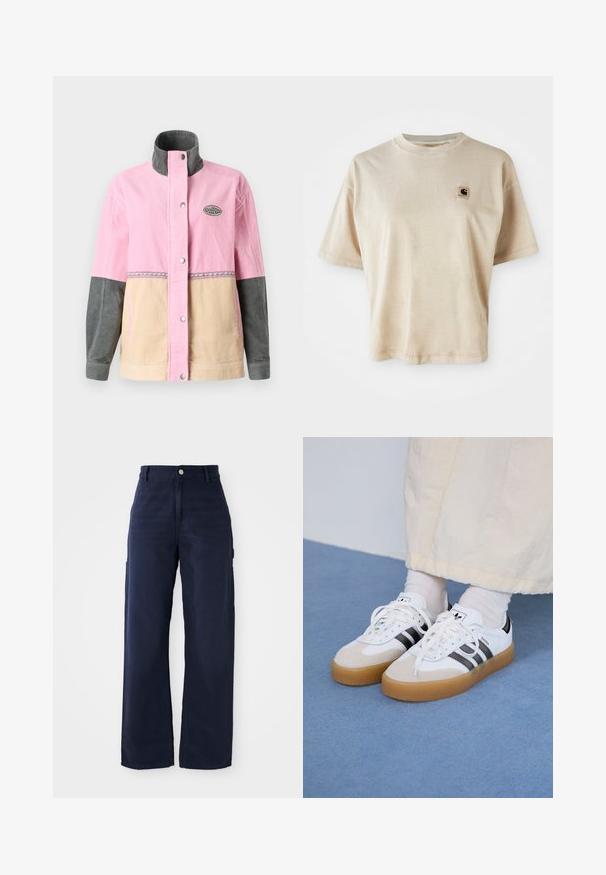 Saka s jemnou kordovou strukturou s panely v růžové, béžové a šedé barvě, vysokým límcem a logem. Přední zapínání na druky a dekorativní prošití.; Beige bavlněné tričko s uvolněným střihem, kulatým výstřihem, krátkými rukávy a malou čtvercovou nášivkou na levé části hrudi.; Námořnické modré široké cargo kalhoty vyrobené z pevné bavlny, s bočními kapsami a zapínáním na knoflík v pase.; Bílé tenisky s černými pruhy a béžovými semišovými akcenty. Mají texturovanou gumovou podrážku a ploché bílé tkaničky, nošeny s světlými ponožkami.