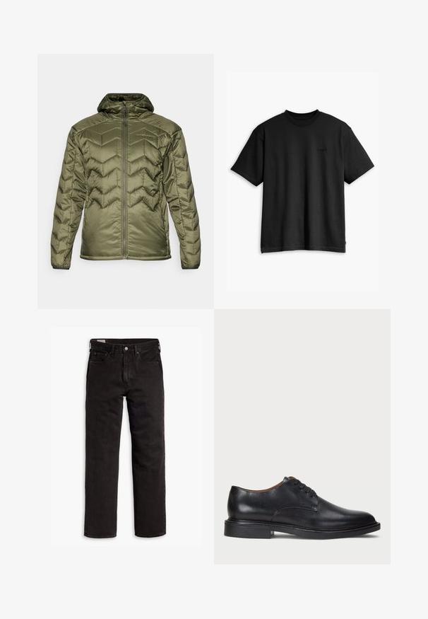 Olivengrøn polstret jakke med lynlås og hætte. Har et chevron-mønster, glat tekstur og elastiske manchetter for en sikker pasform.; Sort bomulds T-shirt med runde halsudskæring og korte ærmer. Har et diskret frontlogo og en lige kant. Enkel og minimalistisk design.; Sorte lige bukser i denim med fem lommer, knaplukning og bæltestropper, lagt fladt ud på en hvid baggrund.; Sorte læder dress sko med rund tå, snørelukning og en lav stablet hæl. Glat tekstur med minimale syningsdetaljer.