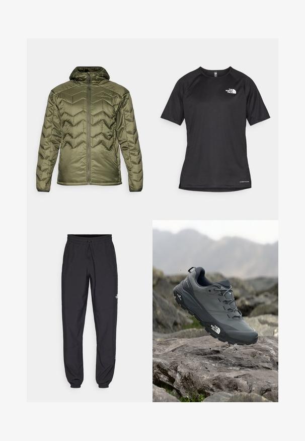 Olive green padded jacket with a zip closure and hood. Features a chevron pattern, smooth texture, and elastic cuffs for a secure fit.; Black short-sleeve athletic shirt with a textured fabric, featuring a white logo on the left chest and a straight hem.; Black athletic pants made from lightweight fabric, featuring a drawstring waistband, side pockets, and tapered cuffs at the ankles.; Grey trail running shoe with a textured upper, durable rubber sole, and reinforced toe cap. Features laces and brand logo on the side.