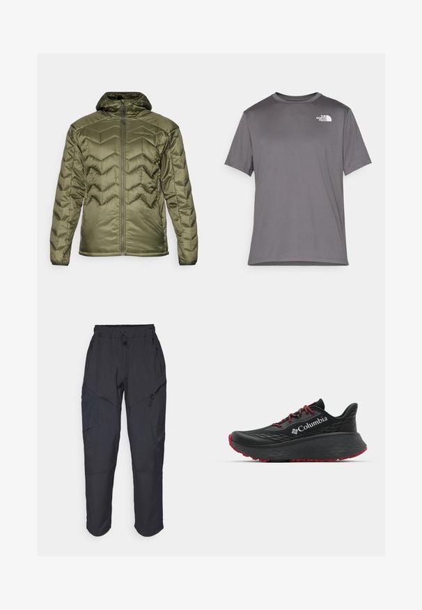 Alyvuogių spalvos paminkštintas švarkas su užtrauktuku ir kapišonu. Pasižymi chevrono raštu, lygiu paviršiumi ir elastingomis rankogaliais, užtikrinančiais tvirtą prigludimą.; Pilkos spalvos trumpomis rankovėmis sportinė marškinėlė, pagaminta iš lygaus, lengvo audinio. Kairėje krūtinės pusėje yra baltas logotipas. Apvalaus kaklo dizainas.; Juodos krovinių kelnės, pagamintos iš lengvos, vandeniui atsparios medžiagos; turi elastingą juosmenį, kelis užtrauktukais uždaromus kišenes ir siaurėjančius šonus.; Juodas sportinis batelis su tekstūruota viršutine dalimi, raudonais raišteliais ir logotipu. Storas padas su raštuotu protektoriu traukai. Minimalistinis dizainas, šoninis vaizdas.