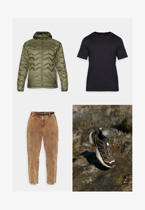 Olive green padded jacket with a zip closure and hood. Features a chevron pattern, smooth texture, and elastic cuffs for a secure fit.; Black T-shirt made of smooth fabric, featuring a crew neckline and short sleeves. Subtle branding printed in black on the chest.; Brown corduroy pants with a textured surface, featuring a black adjustable belt, side pockets, and a relaxed fit. Pants taper toward the ankles.; Hiking shoe in olive green and black with pink accents. Features a textured upper, flexible sole, reinforced toe cap, and colorful lacing system.