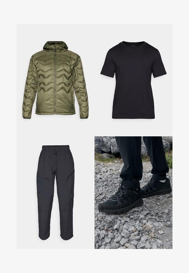 Chaqueta acolchada verde oliva con cierre de cremallera y capucha. Presenta un patrón en forma de chevron, textura suave y puños elásticos para un ajuste seguro.; Camiseta negra de tela lisa, con cuello redondo y mangas cortas. Marca sutil impresa en negro en el pecho.; Pantalones cargo negros hechos de un material ligero y resistente al agua; cuentan con una cintura elástica, múltiples bolsillos con cremallera y piernas ajustadas.; Zapatos exteriores negros con malla y material sintético, que presentan un upper texturizado, un sistema de cordones seguro y una suela robusta, sobre terreno rocoso.