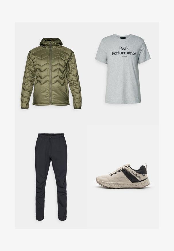 Zelená podšitá bunda s kapucí a zipovým uzávěrem. Vybavena chevronovým vzorem, hladkým povrchem a elastickými manžetami pro pevné uchycení.; Šedé bavlněné tričko s krátkými rukávy a kulatým výstřihem, s černým nápisem "Peak Performance Est. 1986" na přední části.; Černé lehké kalhoty s elastickým pasem, stahovací šňůrkou a zúženými nohavicemi. Vyrobeno z voděodolného materiálu s hladkým povrchem.; Tenisky Columbia v béžové a černé barvě, s texturovaným síťovaným svrškem, mramorovanou mezipodešví a odolnou gumovou podrážkou pro lepší trakci.