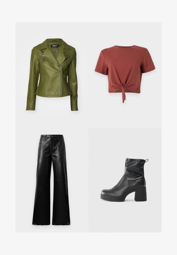 Olivengrønn falsk skinnjakke med en tettsittende design, asymmetrisk glidelås og glidelommer. Har riflet detaljer på ermene.; Rostfarget cropped t-skjorte i myk bomull med korte ermer og knyttet frontdetalj. Slett tekstur, rund halsutringning.; Sorte høy midje vide ben bukser i imitert skinn med knapp foran, glidelås, beltehemper og sidelommer på hvit bakgrunn.; Svarte ankelstøvler laget av glatt lær, med glidelås på siden, chunky strukturert hæl, og rund tå-design.