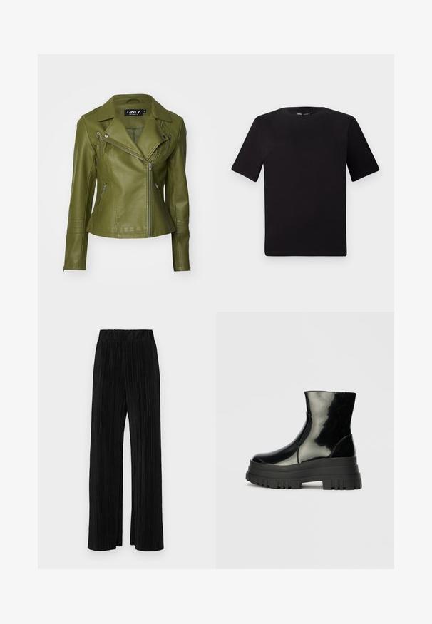 Olijfgroene faux leren jas met een slank ontwerp, asymmetrische ritssluiting en ritspockets. Heeft geribbelde accenten op de mouwen.; Zwarte T-shirt met korte mouwen en een ronde hals, gemaakt van zachte katoenstof. Eenvoudig ontwerp, geen zichtbare logo's of patronen.; Zwarte geplooide broek met een elastische tailleband. Beschikt over wijde pijpen en een glad, gestructureerd stof met verticale strepen.; Zwarte glanzende enkelboot met dikke profielzool en ronde neus, zijaanzicht op een effen lichtgrijze achtergrond.