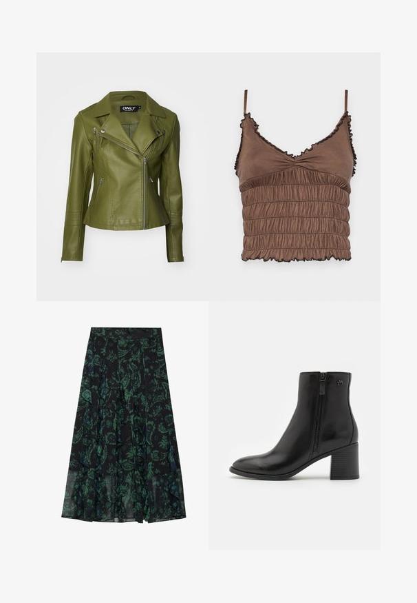Oliivroheline faux nahast jakk, millel on istuv disain, asümmeetriline vetthülgava taskuga ja lukuga taskud. Varrukatel on soonikkoes detailid.; Pruun lühike topp, mis on valmistatud pehmest kangast, sisaldab shirred-disaini, reguleeritavaid rihmasid ja mustade aktsentidega volangääriseid.; Must have mustriga mustroomi lilla roheline lilleline muster, millel on frillied servad ja voldid. Valmistatud kergetest kangast, pakkudes voogavat siluetti.; Mustad mustad saapad, valmistatud siledast nahast, külgmise tõmblukuga. Omab teravat nina ja tekstuuriga plokkninat stabiilsuse tagamiseks.