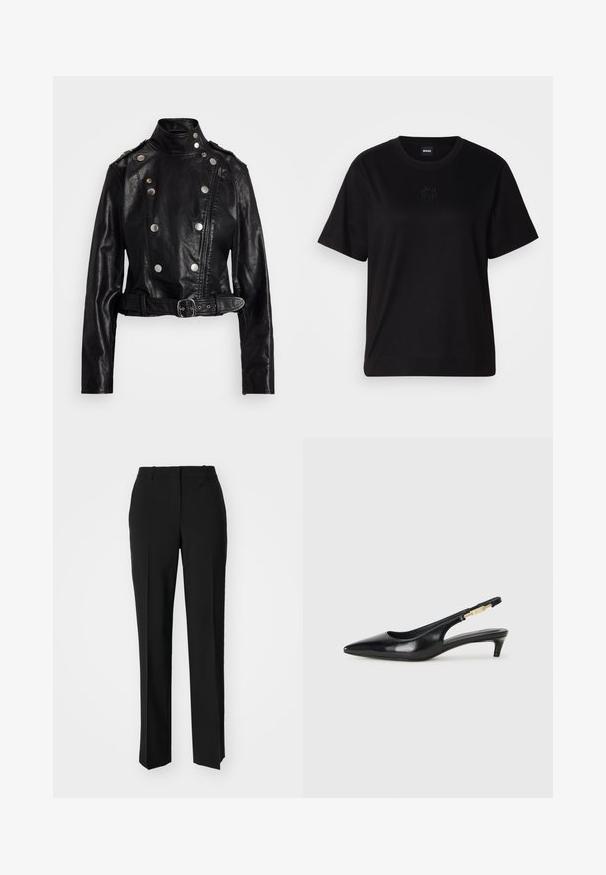 Juodas odinis motociklininko švarkas su aukšta apykakle, asimetrine užtrauktuku, sidabro mygtukų akcentais ir diržu juosmens srityje. Savybės - paminkštintos pečių dalys.; Juodas medvilninis marškinėliai su apvalia iškirpte, trumpomis rankovėmis ir siuvinėjimu ant krūtinės. Paprastas, laisvas siluetas be raštų.; Juodi pritaikyti kelnių modeliai su tiesiomis kojomis, pasižyminčios lygiomis tekstūromis ir ryškiomis klostėmis priekyje. Nėra matomų detalių.; Juodas odinis pavasario batelių modelis su smailiu nosiu, turintis siaurą kulniuką ir auksinės spalvos akcentu reguliuojamoje juostoje. Lygi tekstūra.