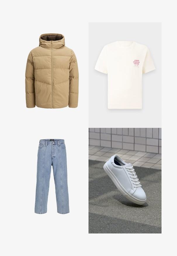 Beige puff jakke med hette, med glidelås foran, sydde paneler og en glatt tekstur. Innvendig er den mørkebrun.; Hvit T-skjorte med korte ermer og rød tekst "Studio Originals Edition" på venstre bryst, vist på en nøytral grå bakgrunn.; Lyse blå denimjeans med løs passform, vide ben og synlige sømdetaljer. Har en knapp- og glidelåsåpning samt fem lommer.; Hvit lær sneakers med en jevn tekstur, snøring og avrundet tå. Har en teksturert gummisåle og minimalistiske detaljer.