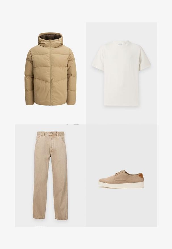 Beige prošívaná bunda s kapucí, s předním zipem, šitými panely a hladkou texturou. Interiér je tmavě hnědý.; Bílý krátký rukáv tričko s pružnou strukturou. Kulatý výstřih, volný střih, bez viditelných vzorů nebo detailů. Jednoduchý a univerzální design.; Béžové džíny z denimu se středně širokým střihem, vybavené předními kapsami, kovovým zapínáním na knoflík a jemnou texturou.; Béžové semišové tenisky s kulatou špičkou, šněrováním vpředu a texturovaným zadním akcentem. Bílá gumová podrážka poskytuje kontrast. Jednoduchý a moderní design.