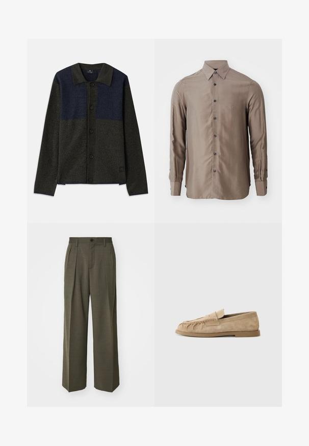 Mygtukų užsegimas kardiganas su dviejų spalvų deriniu - tamsiai žalia ir tamsiai mėlyna, tekstūruota medžiaga, klasikinis apykaklė ir juodi mygtukai.; Ilgų rankovių marškiniai taupe spalvos, pagaminti iš lygaus audinio, su mygtukų užsegimu priekyje ir tamsiais mygtukais, su maža logotipo etikete ant krūtinės.; Filippa K WIDE TROUSERS - Kelnės - driftwood; Bežiniai suede slip-on loaferi su surinkta dizainu, turintys plokščią padas ir dekoratyvinę juostelę per vampą. Lygi tekstūra.