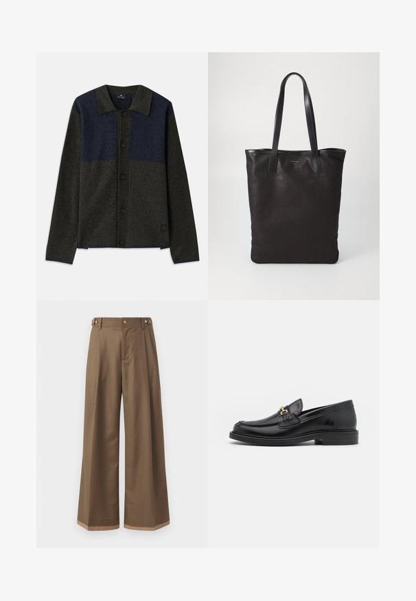 Cardigan zapinany na guziki, charakteryzujący się kolorowym wzorem w ciemnozielonym i granatowym kolorze, fakturowanym materiałem, klasycznym kołnierzykiem oraz czarnymi guzikami.; Biała koszula z długim rękawem i kołnierzykiem, z delikatnymi pionowymi paskami, kieszonką na piersi oraz klasycznie zaokrąglonym hemem.; Spodnie o szerokich nogawkach w ciemno brązowym materiale, z dwiema bocznymi kieszeniami, dwiema dekoracyjnymi guzikami z przodu oraz kontrastowym wykończeniem u dołu.; Czarne skórzane loafersy z zaokrąglonym noskiem, z ozdobnymi złotymi akcentami i detalami szycia, osadzone na niskiej, teksturowanej gumowej podeszwie.; Czarna torba na ramię z czarnymi skórzanymi uchwytami. Prosty design, pojemne wnętrze i gładka faktura. Bez widocznych logo ani wzorów.