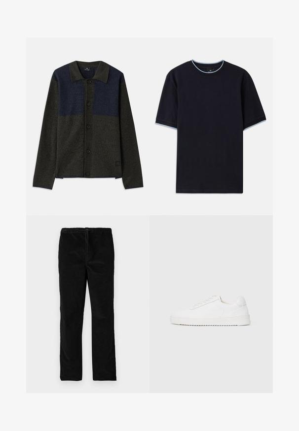 Knapp-up cardigan med en färgblockdesign i mörkgrön och marinblå, strukturerat tyg, klassisk krage och svarta knappar.; Mörkblå t-shirt med kort ärm och rund halsringning, med ljusblå detaljer vid kragen och ärmarna. Tillverkad av mjukt bomullstyg.; Svarta raka sammetbyxor med elastisk midja och framtida dragsko, uppvisade mot en enkel vit bakgrund.; Vit sneaker med en slät läderöverdel, rund tå, snören, strukturerade sidodekorationer och en tjock gummisula. Minimalistisk design.