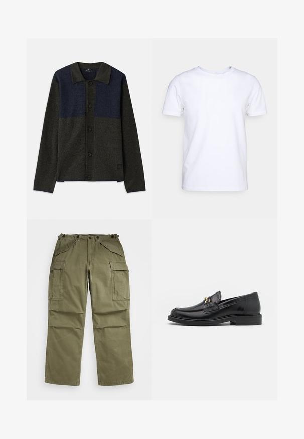 Cardigã abotoado com um design em blocos de cor em verde escuro e azul marinho, tecido texturizado, collar clássico e botões pretos.; Camiseta branca de mangas curtas em tecido de algodão com decote redondo. Design simples, sem padrões ou detalhes. Textura suave.; Calças cargo verde-oliva feitas de tecido texturizado, com múltiplos bolsos frontais e laterais e costuras reforçadas nas costuras.; Mocassins de couro preto com bico arredondado, apresentando detalhes em metal dourado e costura, montados sobre uma sola de borracha texturizada e baixa.