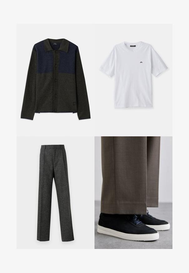 Cardigã abotoado com um design em blocos de cor em verde escuro e azul marinho, tecido texturizado, collar clássico e botões pretos.; T-shirt de algodão branca com decote redondo e mangas curtas, apresentando um pequeno logotipo preto no peito. Textura suave e corte descontraído.; Calças cinzentas ajustadas, feitas de um tecido texturizado, com duas pregas frontais e um design de perna reta. Sem bolsos visíveis ou enfeites.; Sapatilhas de camurça pretas com solas de borracha brancas, apresentando um bico arredondado e atacadores, usadas com calças cinzas ajustadas.