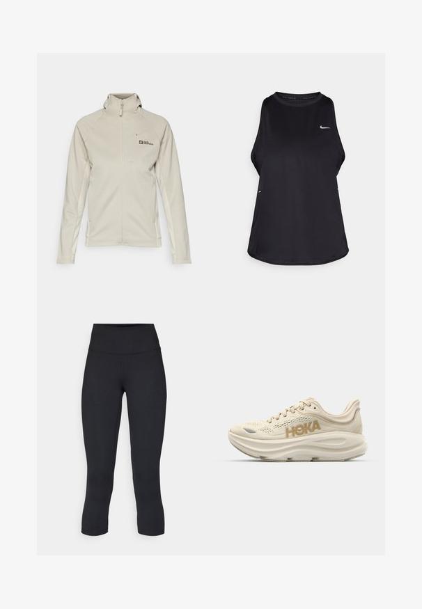 Giacca in pile beige chiaro con zip frontale, collo alto e tasche laterali. Presenta un logo sulla parte superiore sinistra e una texture liscia.; Canotta da corsa nera senza maniche realizzata in materiale leggero con collo rotondo; presenta un logo discreto e fessure laterali per la traspirabilità.; Leggings cropped neri realizzati in tessuto elasticizzato, con vita alta e texture liscia, senza motivi o componenti visibili.; Scarpa da corsa color beige chiaro con tomaia in rete, colletto imbottito, logo "HOKA" in oro ben visibile e suola spessa e ammortizzata per il comfort.
