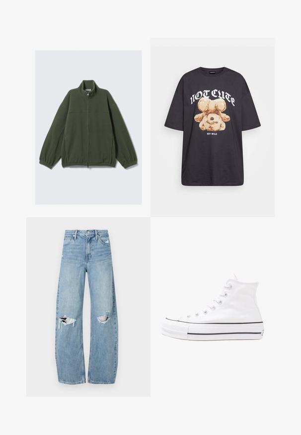 Grønn fleecejakke med høy krage, hel glidelås og elastiske mansjetter. Har en myk tekstur og et minimalistisk design.; Svart oversized t-skjorte med en grafikk av en bjørn og teksten "IKKE SØT, MEN VILL" i fet, hvit skrift. Laget av bomull.; Lyseblå høytlivsjeans laget av denim. Har vide bein, to revne knær og klassisk fem-lommers design.; Hvit høy-skinn kanvas sneakers med svart gummisåle, gummitåhette foran og seks hull for snorer, med et rent, minimalistisk design.