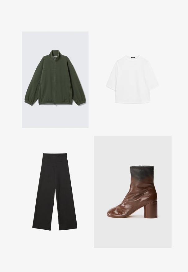 Green fleece jacket with a high collar, full zip, and elasticized cuffs. Features a soft texture and a minimalistic design.; White oversized t-shirt made of soft cotton. Features short sleeves, a round neckline, and a relaxed fit with no visible patterns or accents.; Black wide-leg pants featuring a high elastic waistband, soft fabric, and a loose fit, suitable for casual wear or relaxed settings.; Brown leather ankle boot with a rounded toe, featuring a textured finish, a black upper section, and a chunky heel. Zipper closure at back.