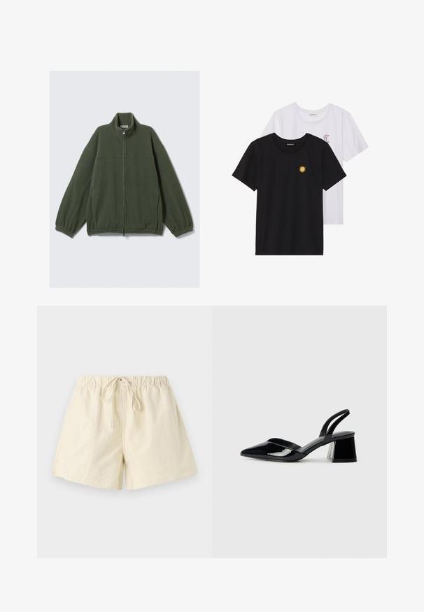 Green fleece jacket with a high collar, full zip, and elasticized cuffs. Features a soft texture and a minimalistic design.; Black and white T-shirts, round neck, short sleeves. Black shirt features yellow sun embroidery; white has purple crescent moon accent.; Beige elastic waistband shorts with a drawstring tie, featuring a relaxed fit and smooth texture. No visible pockets or patterns.; Black patent leather slingback heels with a pointed toe and a geometric block heel. Features a sleek, minimal design and smooth texture.