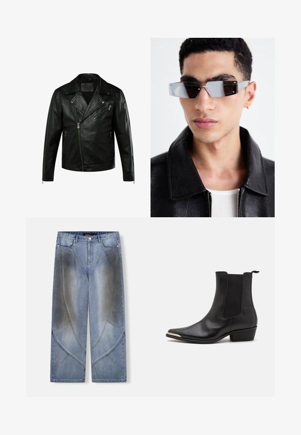 Schwarze Leder-Motorradjacke mit Reverskragen, asymmetrischen Reißverschlüssen und zwei Seitentaschen. Mit einer strukturierten Oberfläche und taillierter Passform.; Flanellhemd mit einem gelb-schwarzen Karomuster, langen Ärmeln, zwei Brusttaschen, durchgehender Knopfleiste und einer lockeren Passform.; Ärmelloses karriertes Oberteil mit roten, blauen, gelben und braunen Farbtönen, das das Wort "WESTWOOD" in fetten gelben Buchstaben über die Brust trägt, ergänzt durch Sterne.; Hellblaue, weit geschnittene Jeans aus Denim mit einem einzigartigen, winkelförmigen Design, Verblassungseffekten und kontrastierenden Nähten. Fünf-Taschen-Stil.; Schwarze Knöchelstiefel aus strukturiertem Leder mit einer spitzen Zehenpartie, elastischen seitlichen Einsätzen, einer Zugschlaufe hinten und einem niedrigen Blockabsatz.; Eckige, grau getönte Sonnenbrillen mit silberner Hardware, vor einem hellen Hintergrund. Die Gläser weisen eine einzigartige geometrische Form auf.