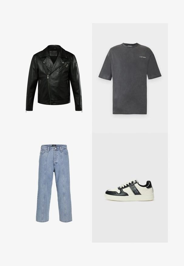Giubbotto in pelle nera da motociclista con colletto a pressione, cerniere asimmetriche e due tasche laterali. Presenta una finitura testurizzata e una vestibilità su misura.; T-shirt nera a maniche corte realizzata in tessuto morbido, con collo rotondo e la scritta "// NOT SORRY" in bianco nella parte sinistra del petto.; Jeans in denim blu chiaro con una vestibilità ampia, gambe larghe e dettagli di cucitura visibili. Presenta una chiusura con bottone e zip, cinque tasche.; Sneakers in pelle con una combinazione di colori nero e crema, dotati di dettagli perforati, collare imbottito e suola testurizzata.