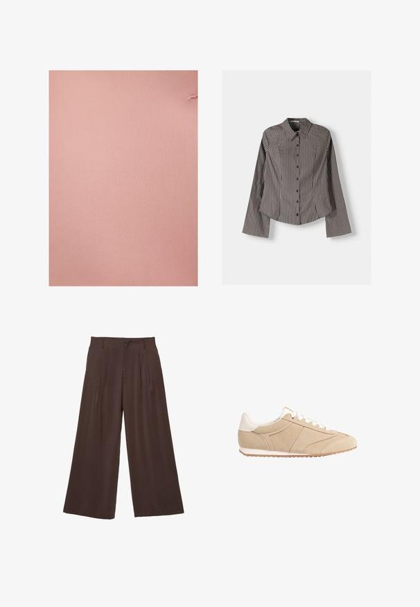 adL WITH POCKETS - Korte frakker - powder; Stribet skjorte i brun og hvid med lange ærmer, spids krave og buet kant. Struktureret stof med lodrette striber.; Løse bukser i mørkebrunt stof, med to frontfolder, en glat tekstur og et enkelt design med bæltestropper.; Stradivarius Sneakers - beige