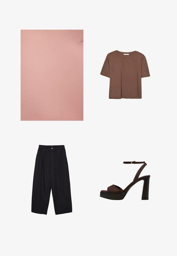 adL WITH POCKETS - Cappotto corto - powder; Maglietta a maniche corte marrone realizzata in tessuto morbido, con scollatura rotonda e vestibilità rilassata. Nessun motivo o dettaglio visibile.; Pantaloni culotte neri in poliestere con una cintura elastica, due pieghe frontali e una silhouette ampia. Nessun motivo visibile o dettagli in metallo.; Sandal in camoscio marrone con tacco alto, punta aperta, cinturino alla caviglia regolabile e suola a piattaforma striata.