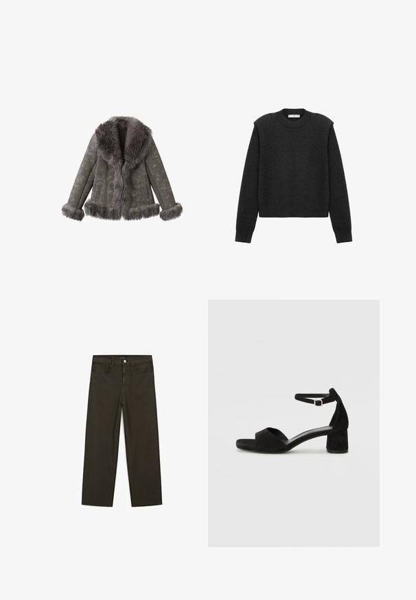 Veste en suède grise avec un épais trim en fourrure douce au col, aux poignets et à l'ourlet, dotée de manches longues et de poches avant.; Pull en gris foncé, court, avec des manches longues, un col rond et une finition texturée. Design simple sans motifs ni embellissements.; Jeans large en denim vert foncé en mélange de coton, avec une fermeture à bouton à l'avant, cinq poches et des coutures classiques en denim.; Sandales à talons en daim noir avec une fine lanière à la cheville, design à bout ouvert et un talon carré modeste. Texture lisse et accents minimalistes.