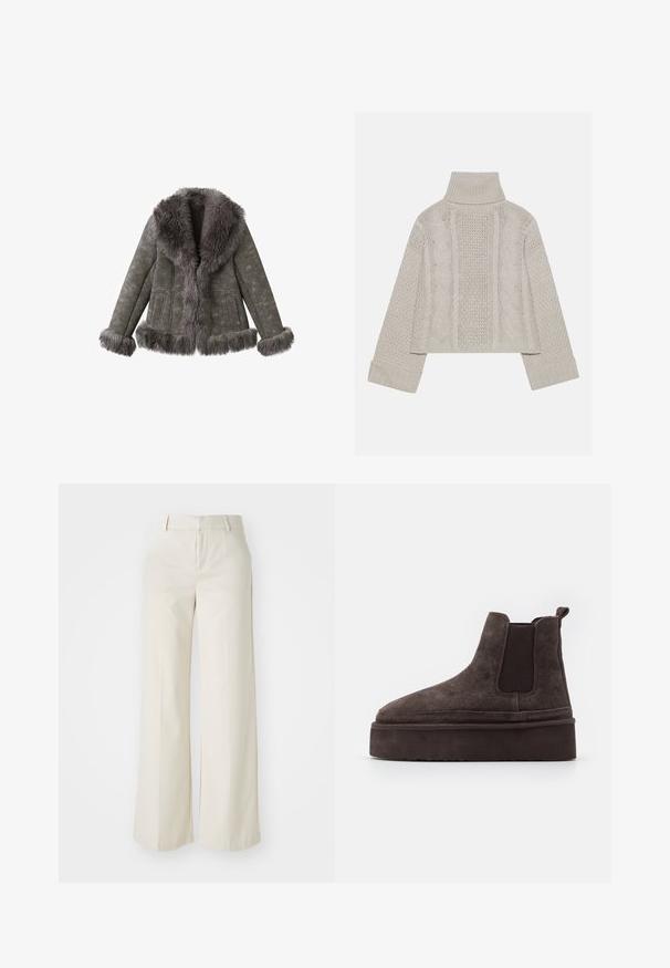 Grå ruskindjakke med tykk, fluffy pelskant på kraven, manchetterne og kanten, med lange ærmer og forlommer.; Afskåret, lysegrå striktrøje med højt krave og ribbede manchetter, prydet med teksturerede kabelmønstre ned ad ryggen og siderne.; Bredde ben-bukser i en lys beige farve, lavet af et glat stof. Har en klassisk talje og flad front med rene linjer.; Brune ruskinds Chelsea støvler med elastiske sidepaneler og en tyk, struktureret platåsål. Har en strop bagpå til nem påtagning.