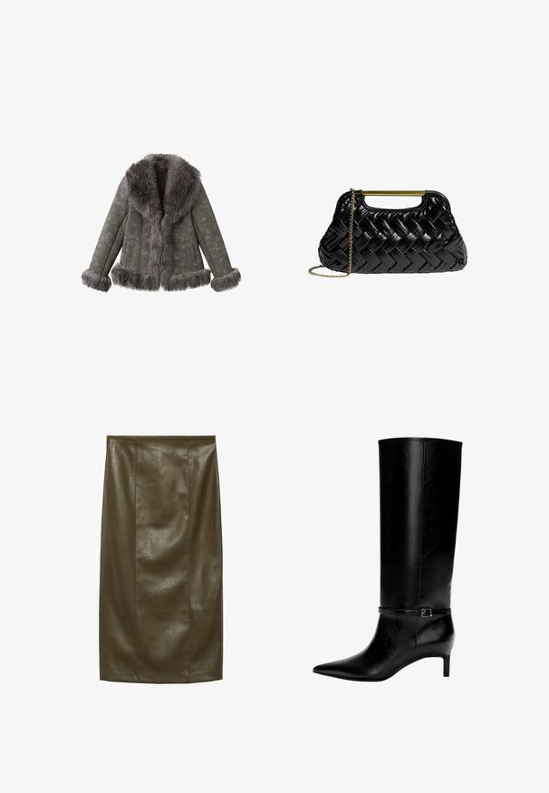 Jachetă gri din suede, cu o margine groasă și pufoasă de blană la guler, manșete și tiv, având mâneci lungi și buzunare frontale.; Bluză din dantelă în nuanță de mov cu un guler volanat, mâneci lungi și un șnur la față; prezentând manșete evazate și volanate.; Fustă creion din piele ecologică verde măslin, cu o textură netedă, până la genunchi, având cusături verticale pentru un aspect ajustat.; Cizme negre din piele, până la genunchi, cu vârf ascuțit și tocul mic. Prezentă o curea îngustă cu o cataramă metalică în jurul gleznei. Textură netedă.; Geantă din piele țesută neagră, cu un mâner metalic auriu și o curea din lanț detașabilă. Prezintă un finisaj lucios și o formă moale, rotunjită.