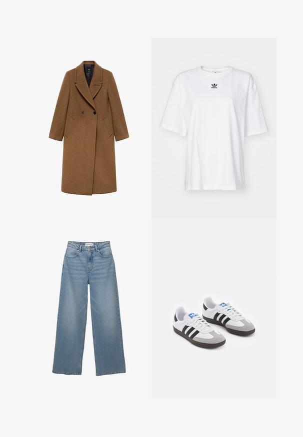 Brauner Wollmantel mit doppelt geknöpftem Vorderteil, großen Revers und zwei seitlichen Taschen. Besitzt eine glatte Textur und einen maßgeschneiderten Schnitt.; Weißes T-Shirt mit kurzen Ärmeln aus Baumwolle. Verfügt über einen Rundhalsausschnitt und ein kleines schwarzes Adidas-Logo auf der Brust. Gerader Saum.; Helle blaue weit geschnittene Jeans aus Denim. Merkmale sind eine hohe Taille, fünf Taschen und ein gerader Schnitt mit minimaler Ausbleichung.; Sportschuhe mit einem Obermaterial aus weißem Leder, grauer Wildleder-Zehenkappe und drei schwarzen Streifen. Sie verfügen über ein blaues Logo auf der Zunge und eine strukturierte Gummisohle.