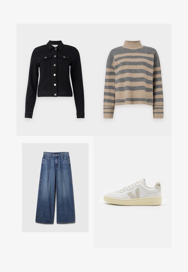 Jaqueta de ganga preta com mangas longas, fecho frontal por botões, dois bolsos no peito com abas e um design cropped. Detalhes em metal prateado mate.; Sweater de malha às riscas com cores cinza e bege, gola alta, mangas largas com punhos e um corte solto com design cropped.; Calças de ganga azul de perna larga com um acabamento desbotado, apresentando um fecho de botão e zipper, cinco bolsos e passantes para cinto.; Sapatilha de couro branca com detalhes em camurça bege, biqueira perfurada, atacadores planos e sola texturizada creme. Apresenta uma marcação subtil no calcanhar.