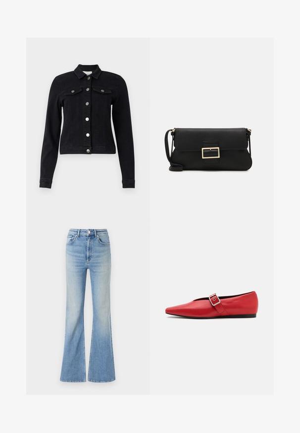 Black denim jacket with long sleeves, front button closure, two chest pockets with flaps, and a cropped design. Matte silver hardware accents.; Off-the-shoulder, long-sleeve sweater in olive green, crafted from soft, textured fabric with a ribbed neckline and smooth body.; Light blue flared jeans made of denim, featuring a high waist, five-pocket design, and subtle gradient fading towards the hem.; Red leather flat shoe with a pointed toe, featuring a side strap with a metal buckle and a low black heel. Smooth texture throughout.; Black leather clutch bag with a flap and a gold metal buckle detail. Includes a black strap and a sleek, minimalist design.