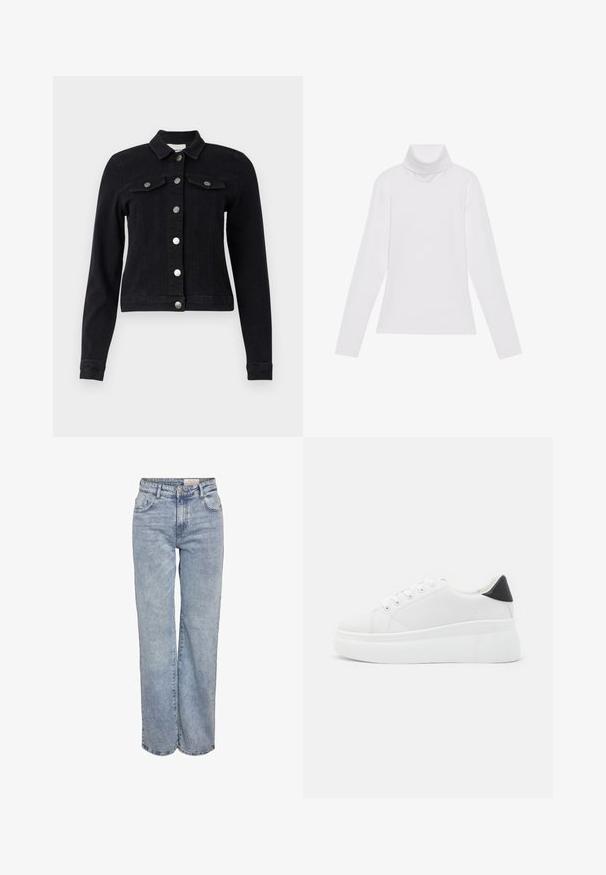 Schwarze Denimjacke mit langen Ärmeln, frontaler Knopfverschluss, zwei Brusttaschen mit Klappen und einem cropped Design. Matt silberne Hardware-Akzente.; Weißes Langarm-Turtleneck-Oberteil aus glattem, elastischem Stoff. Mit hohem Kragen und tailliertem Schnitt, ohne sichtbare Muster oder Verzierungen.; Hellblau weite Jeans aus Denim, mit hoher Taille, fünf Taschen-Design und subtilen Ausbleichungen für einen eingesessenen Look.; Weiße Plateausneaker aus glattem Kunstmaterial, mit runder Zehenform, Schnürdesign und einer strukturierten Gummisohle. Schwarzer Fersenakzent.
