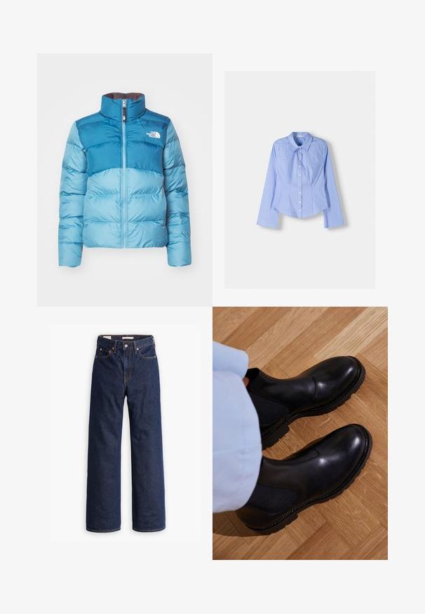 Geacă puffere albastră cu guler înalt, închidere cu fermoar și detaliu cu logo. Fabricată dintr-un material neted și lucios, cu un design matlasat.; Cămașă cu dungi albastre și albe, cu mâneci lungi, guler deschis, croială ajustată și tiv curbat. Material din bumbac texturat.; Jeans din denim dreapta, de culoare albastru închis, cu cinci buzunare, cusături portocalii și închidere cu nasture.; Cizme negre până la gleznă, fabricate din piele netedă, cu panouri elastice pe laterale, o talpă din cauciuc texturat și cusături în contrast pe margine.